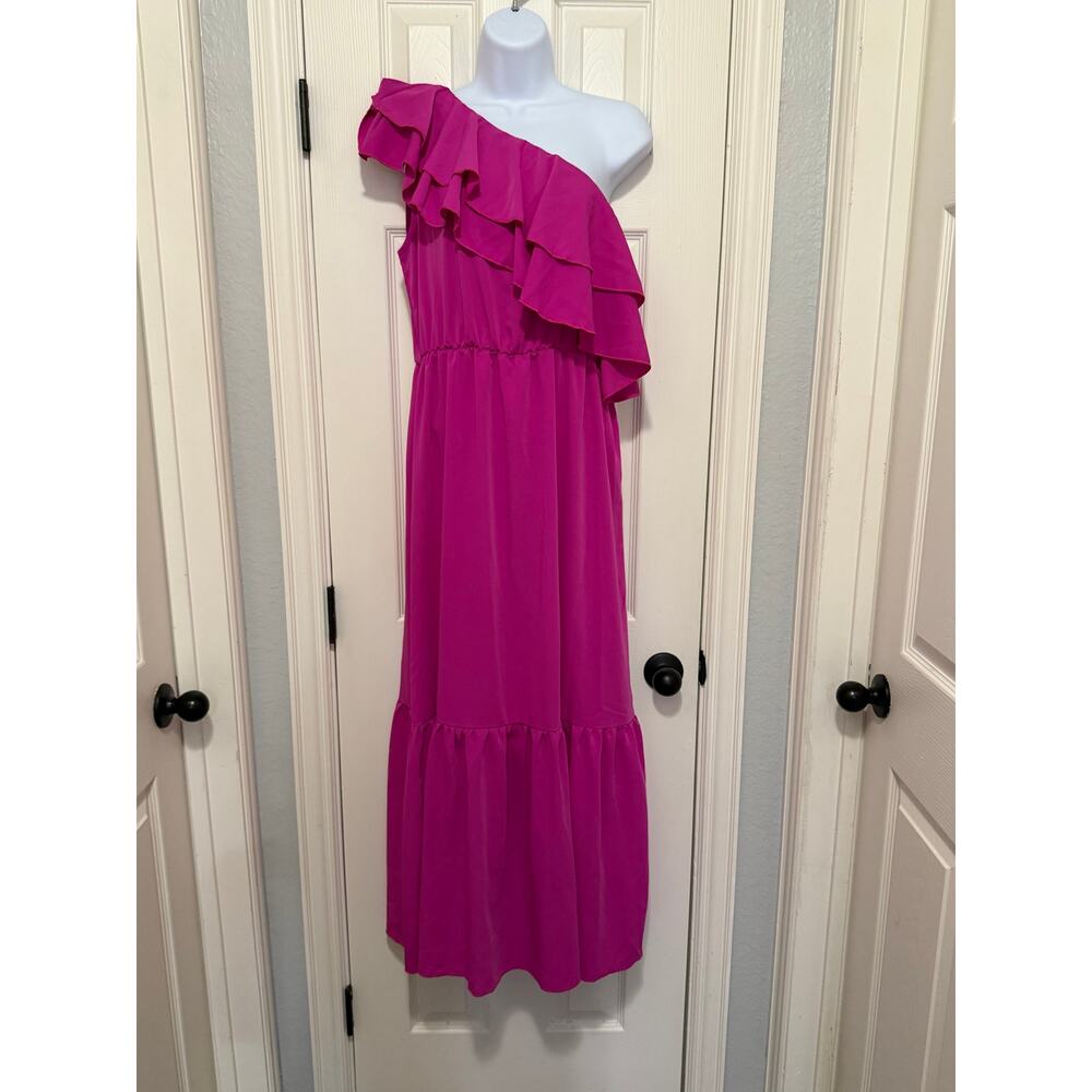 Fuchsia One Shoulder Ruffle Maxi Dress M – Summer Wedding Guest, Resort Chic - Picture 2 of 4